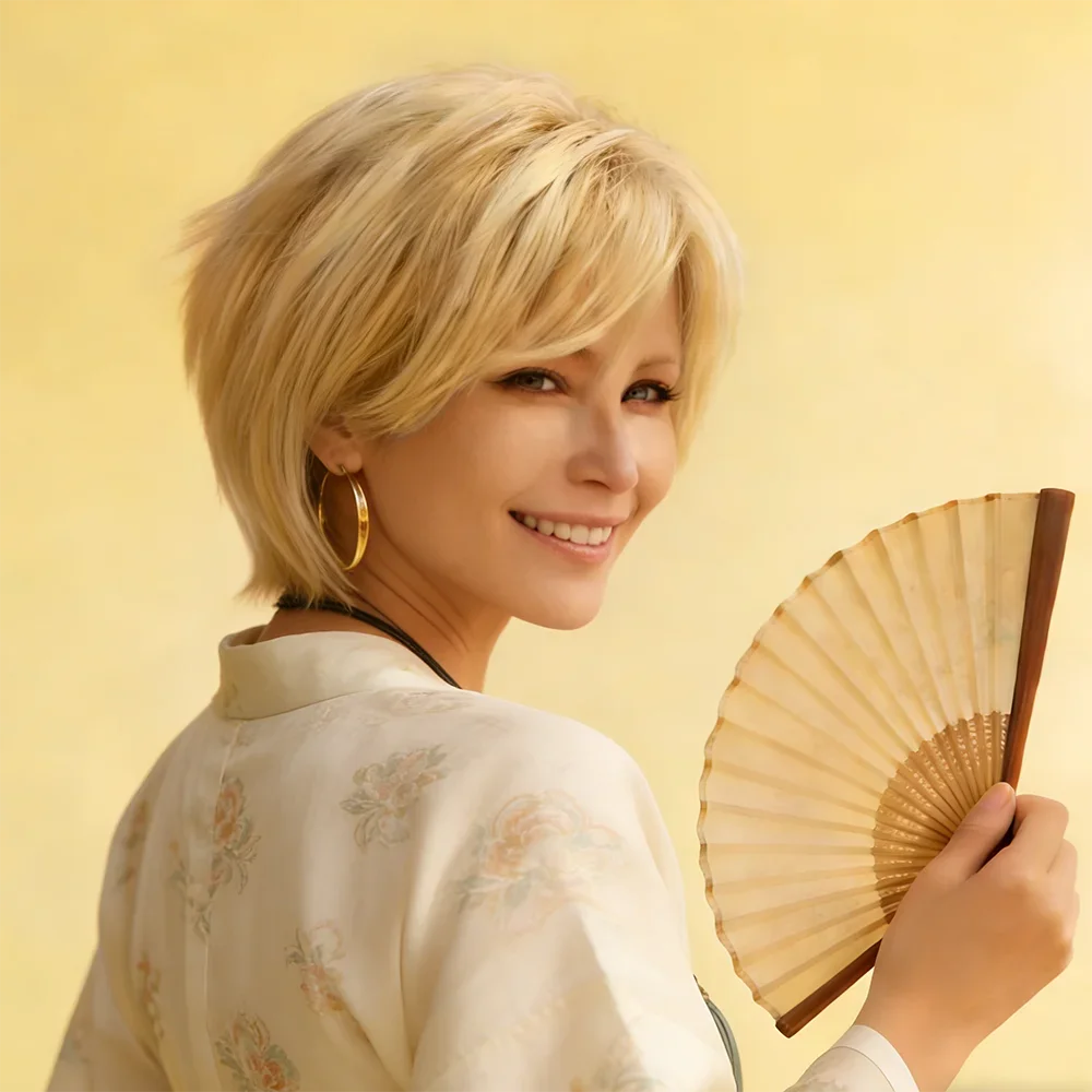 Women's 613 Blonde Pixie Cut Wig 100% Human Hair 6 Inch 180% Density Short Straight With Bangs Full Machine Made For Daily Life