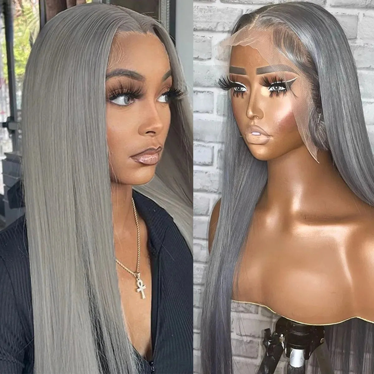 Grey Colored Straight Lace Front Wigs 13x4 180 Density PrePlucked Hd Lace Frontal Wigs Glueless For Women Synthetic And Blend