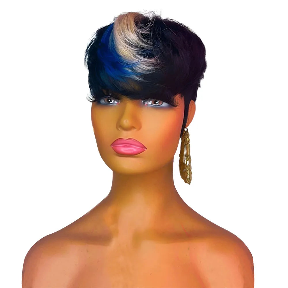 613 Blue Highlight Short Straight Bob Wigs Pixie Human Hair Wig With Bangs Full Machine Made Wig Brazilian Virgin Hair Cheap Wig