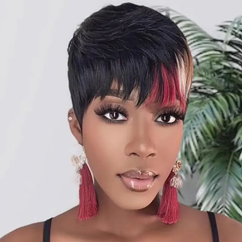 Remy Human Hair Wig with Bangs Highlight Color Straight Pixie Cut Machine Make Wig