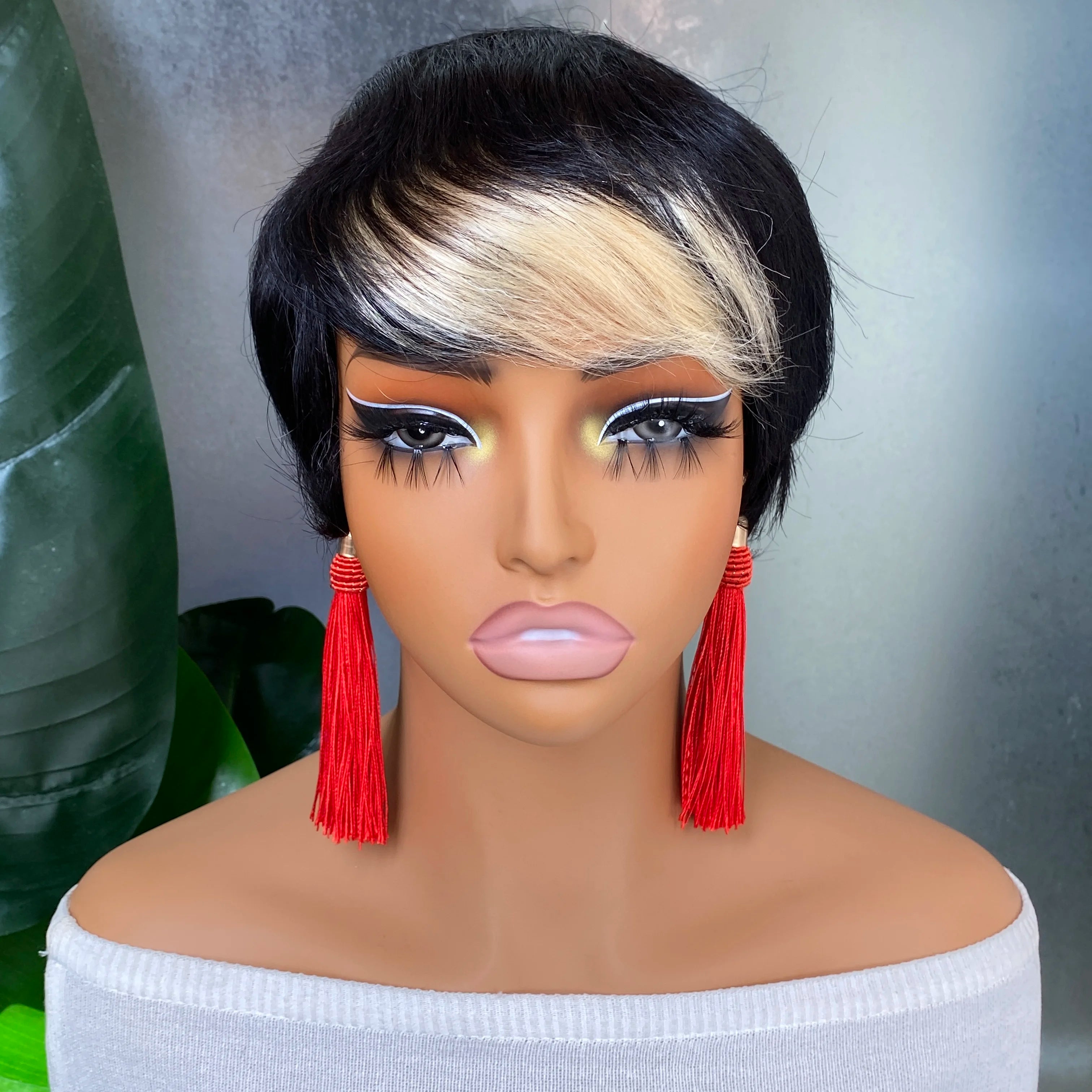Remy Human Hair Wig with Bangs Highlight Color Straight Pixie Cut Machine Make Wig