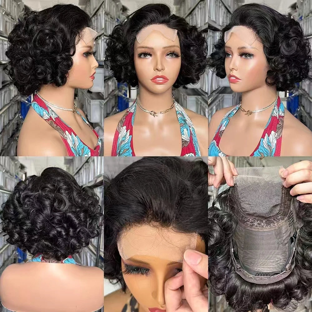 Short Curly Bob Wigs 5x5 Lace Front Human Hair Wig Brazilian Remy Body Loose Wave Curl Hair Wear and Go Glueless Wig for Woman