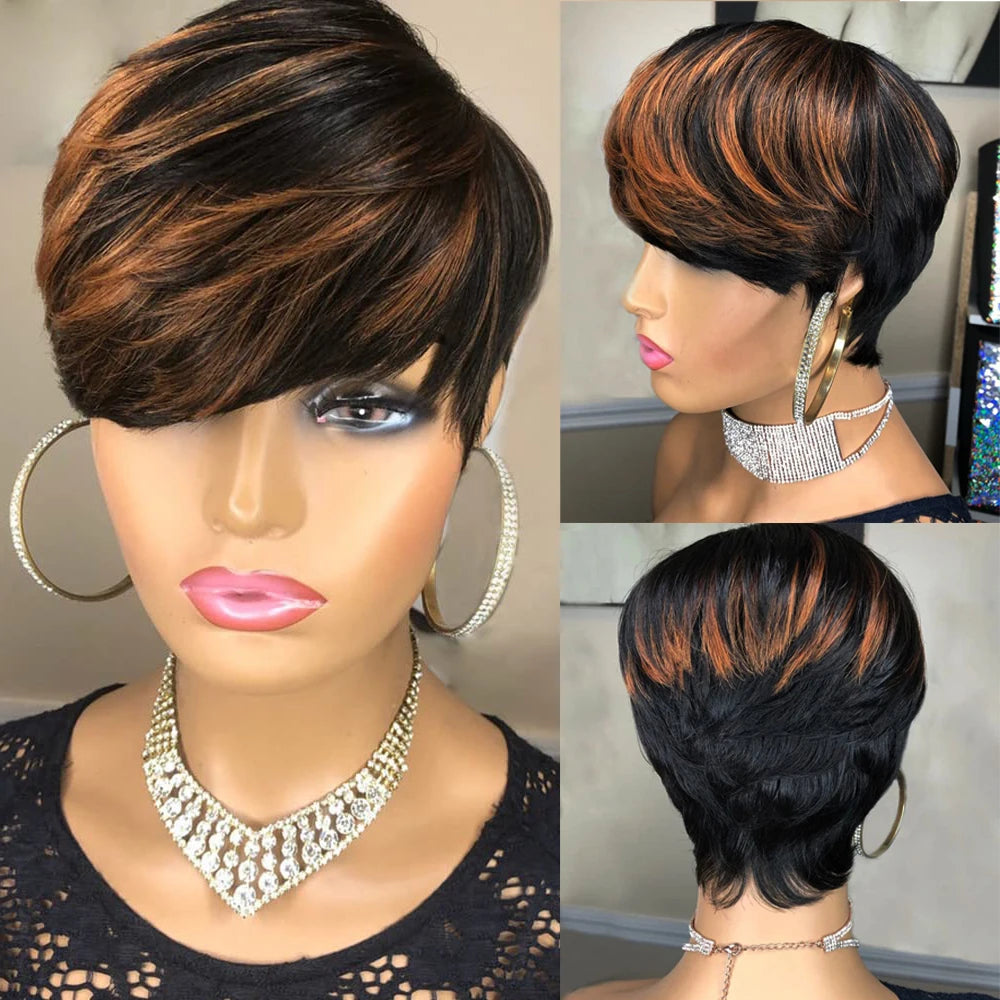 Highlight Pixie Cut Mixed Color1B/30 Hair Style Short Straight human hair Wigs With Bangs For Women Machine Made