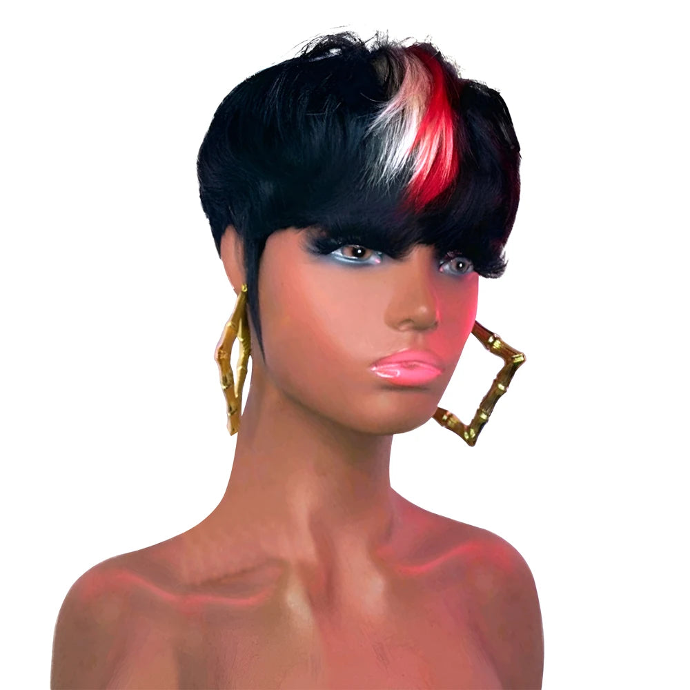 613 Blue Highlight Short Straight Bob Wigs Pixie Human Hair Wig With Bangs Full Machine Made Wig Brazilian Virgin Hair Cheap Wig