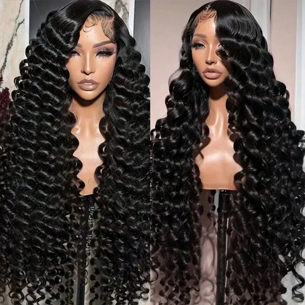 Frontal Lace Preplucked Natural Black Deep Wave Frontal Wig