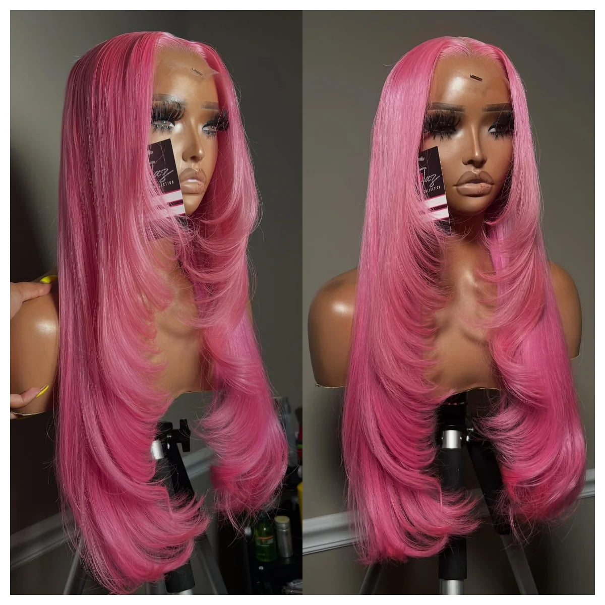 Pink Wig Layered Cut Straight Lace Front Wig PrePlucked 13x4 HD Lace Frontal Wig Synthetic And Blend High Quality Daily Cosplay