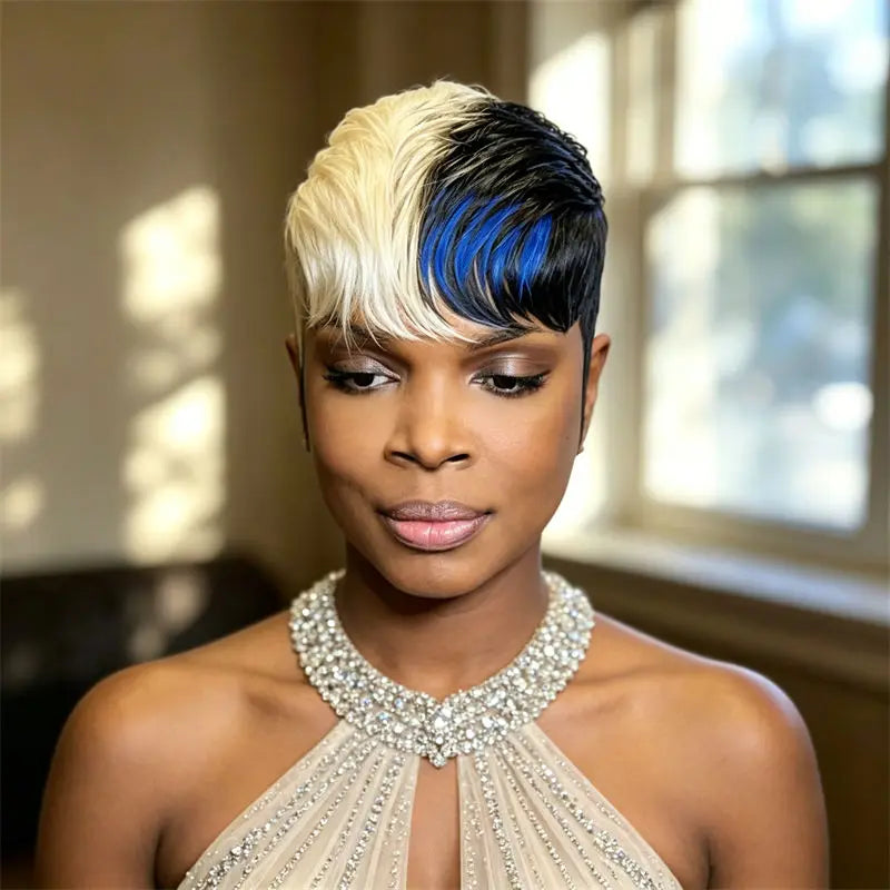 Real Human Hair Short Pixie Cut Wig 613 Blue Highlight Full Machine Made Wig With Bangs Easy Wear For Women Family Party Daily
