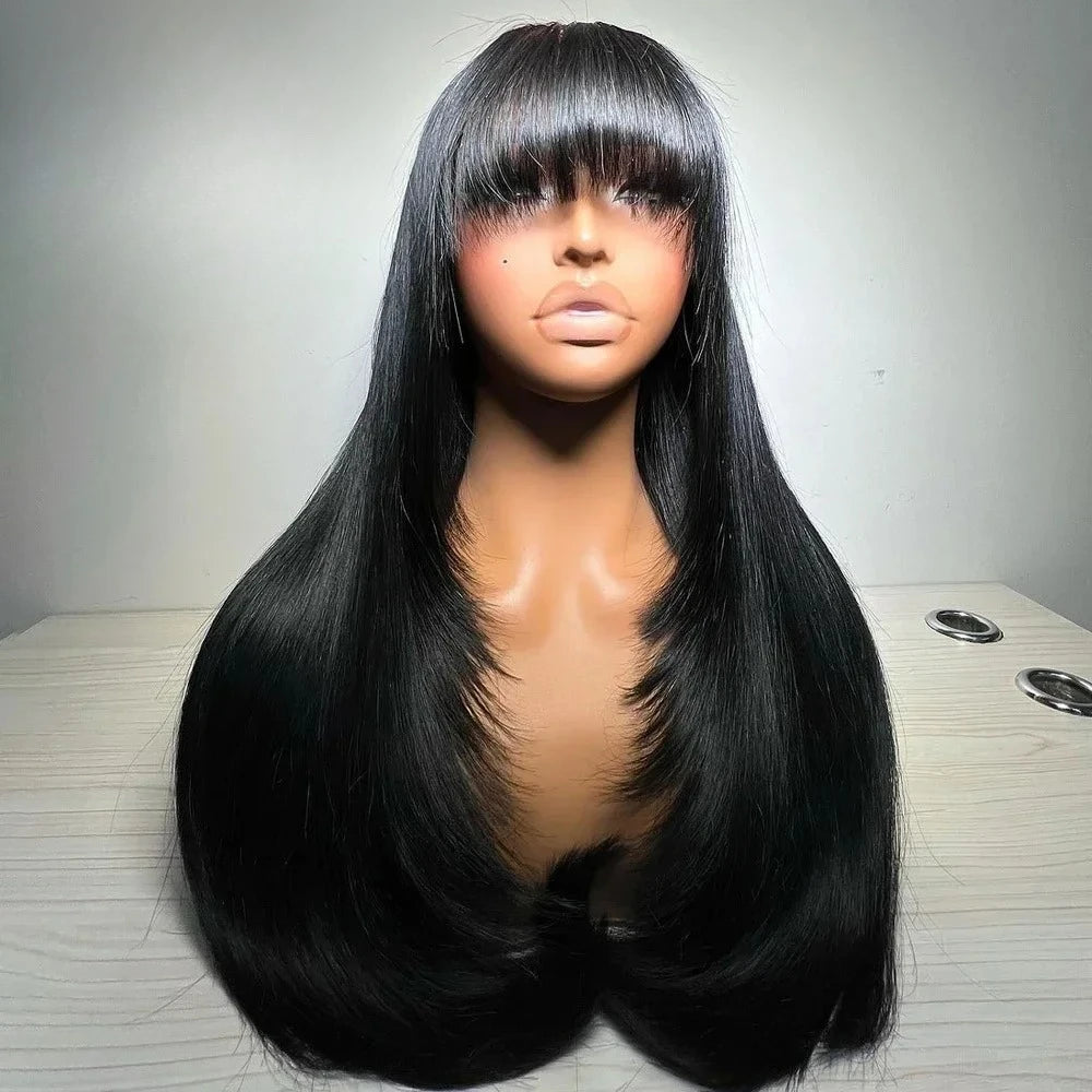 99J Burgundy Red Layered Lace Front Wig With Bangs Bone Straight Synthetic Lace Frontal Wigs 13x4 HD Glueless PrePlucked Cosplay
