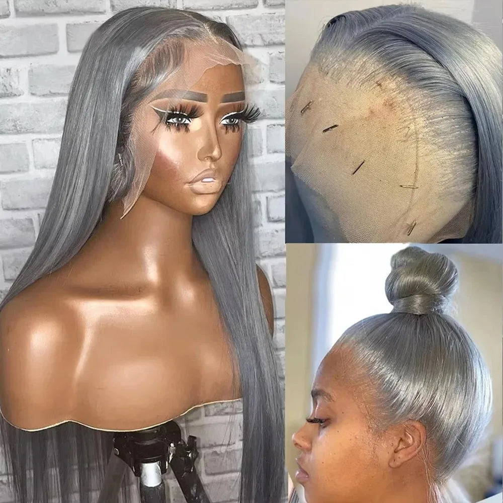 Grey Colored Straight Lace Front Wigs 13x4 180 Density PrePlucked Hd Lace Frontal Wigs Glueless For Women Synthetic And Blend