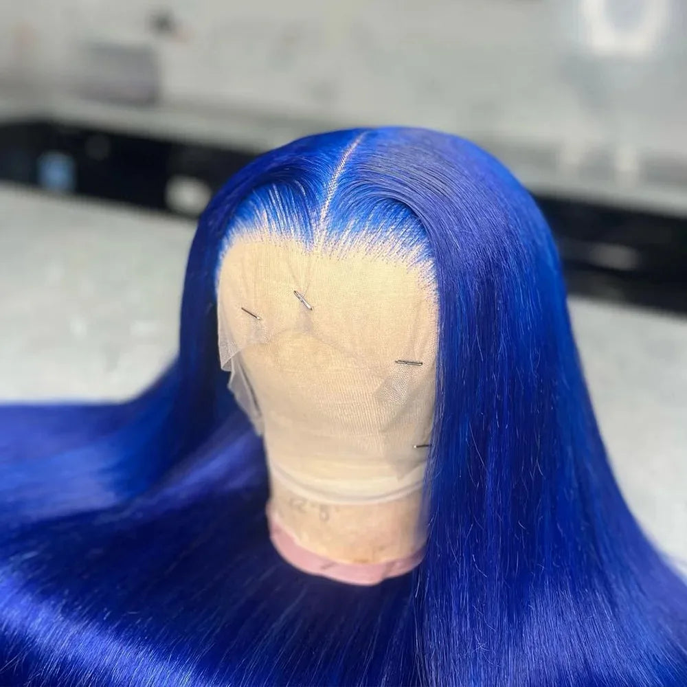 Blue Wig Straight Lace Front Wig HD Transparent Lace Frontal Wig PrePlucked Synthetic High Quality Heat Resistant Daily Cosplay