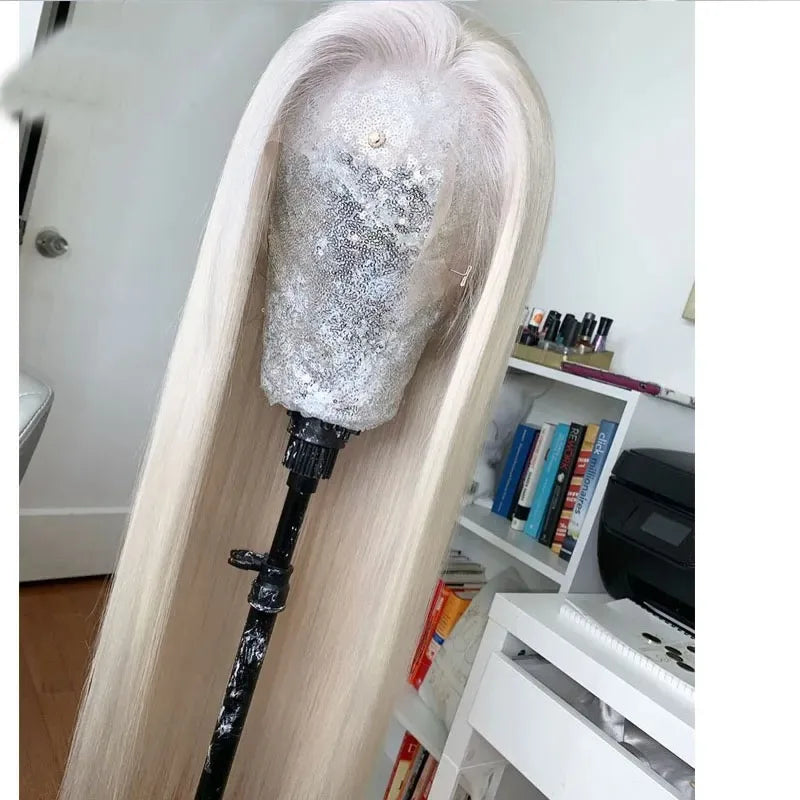 Platinum Blonde Straight Lace Front Wig Pre Plucked Ready to Wear 13x4 HD Glueless Synthetic Lace Frontal Wig for Women Cosplay