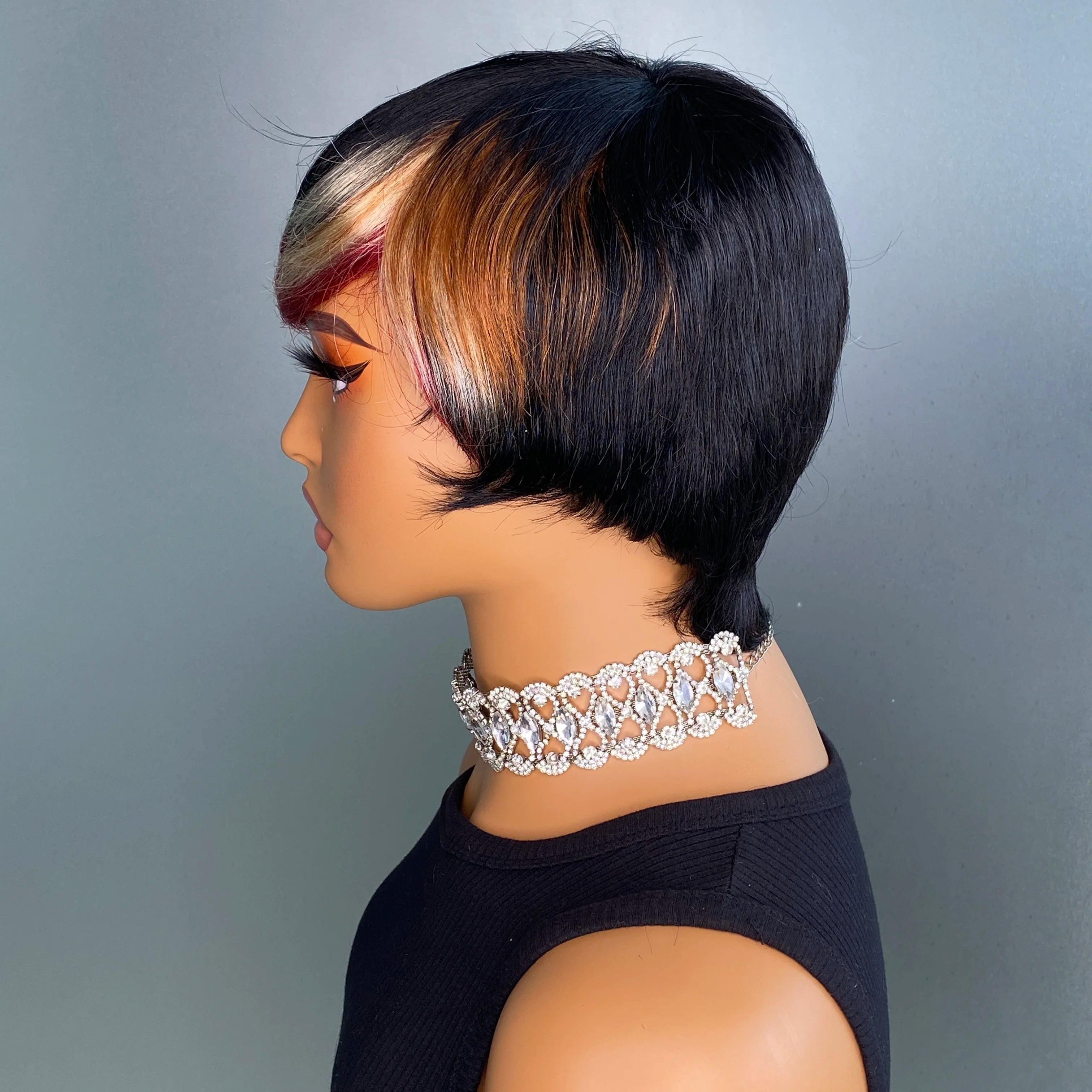 Remy Human Hair Wig with Bangs Highlight Color Straight Pixie Cut Machine Make Wig
