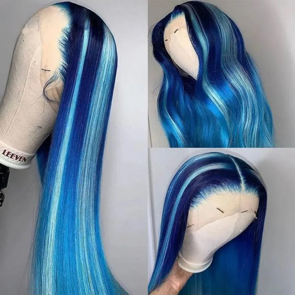 Blue Wig Straight Lace Front Wig HD Transparent Lace Frontal Wig PrePlucked Synthetic High Quality Heat Resistant Daily Cosplay