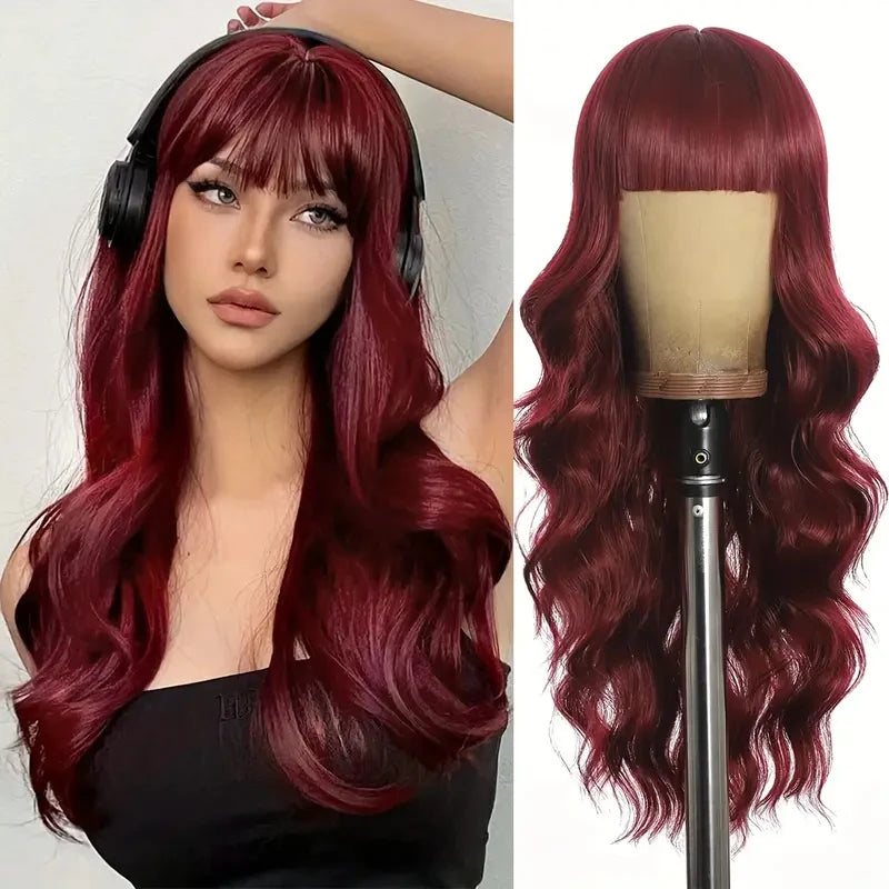 Red wine color synthetic wig with long curly hair