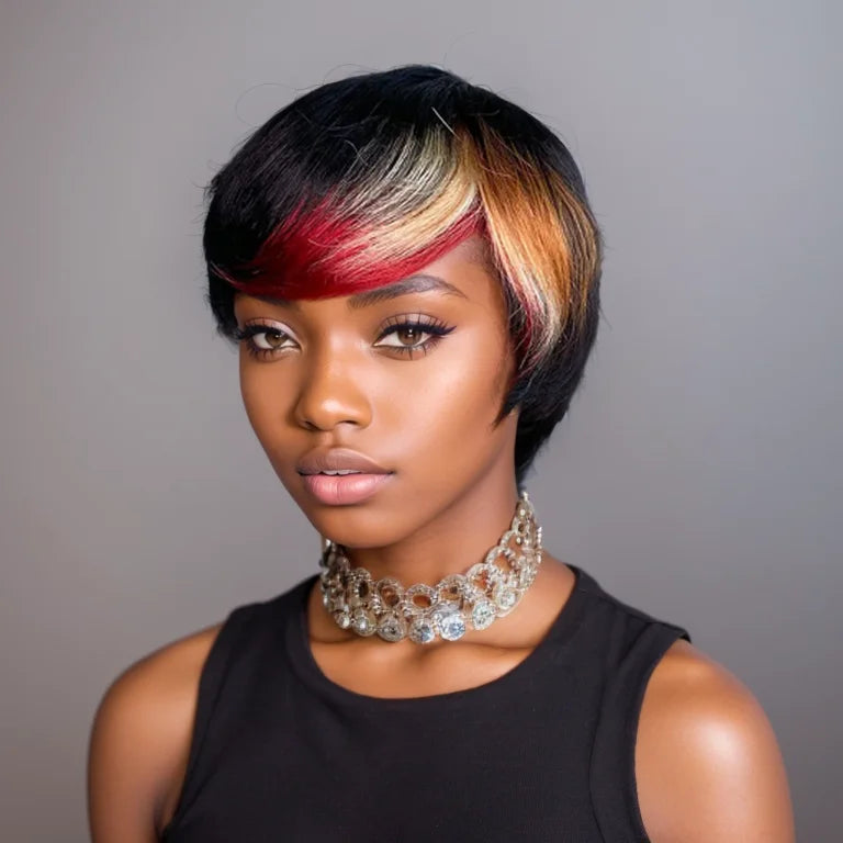 Remy Human Hair Wig with Bangs Highlight Color Straight Pixie Cut Machine Make Wig