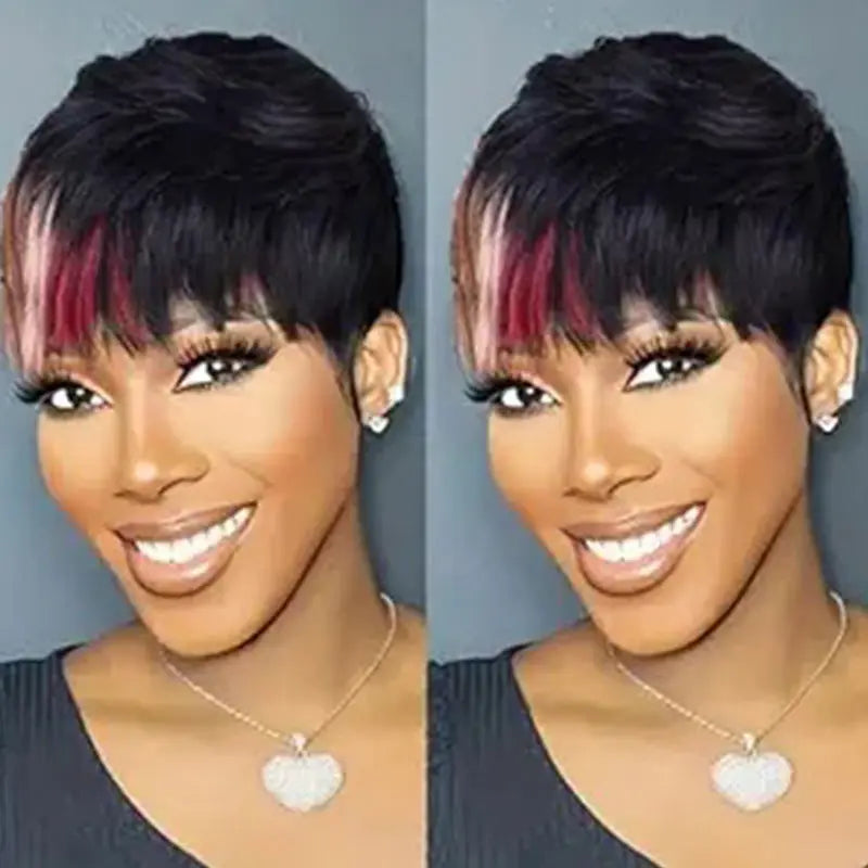 Remy Human Hair Wig with Bangs Highlight Color Straight Pixie Cut Machine Make Wig
