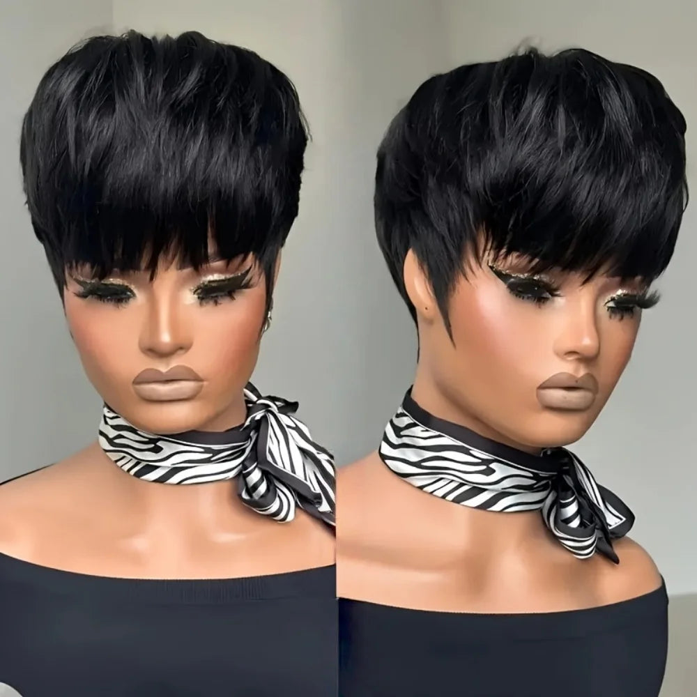 Short Pixie Cut Wig with Bangs Human Hair Natural Blonde/Red Full Machine Made Straight Hair Wig