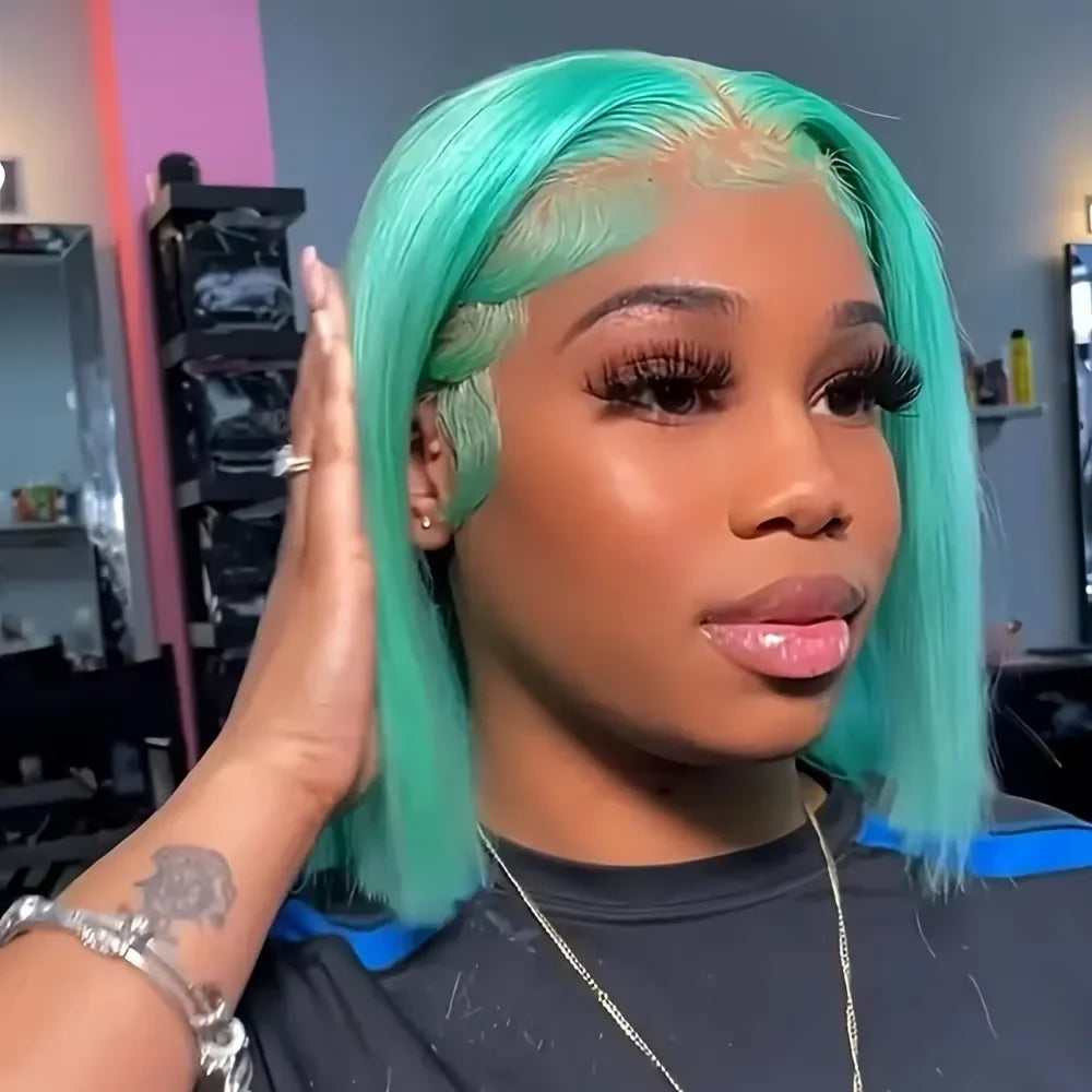 Geeta Light Green Bob Wig Human Hair 13x4 Straight Lace Front Bob Wigs 220 Density Short Bob Lace Frontal Colored Wigs for Women
