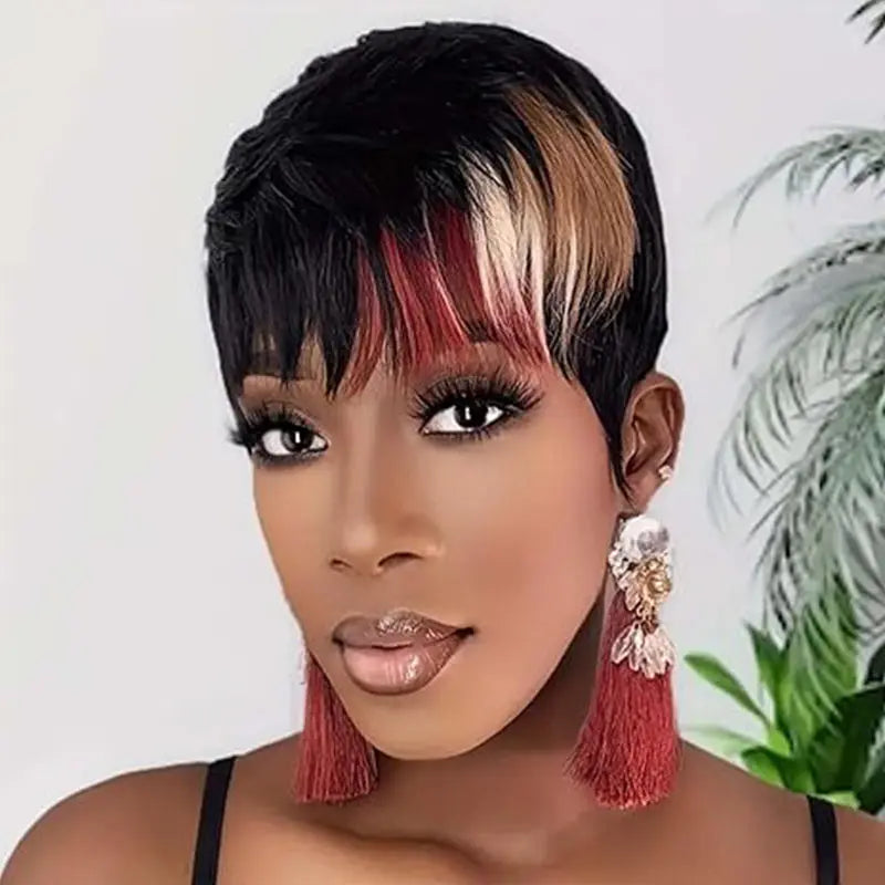 Remy Human Hair Wig with Bangs Highlight Color Straight Pixie Cut Machine Make Wig