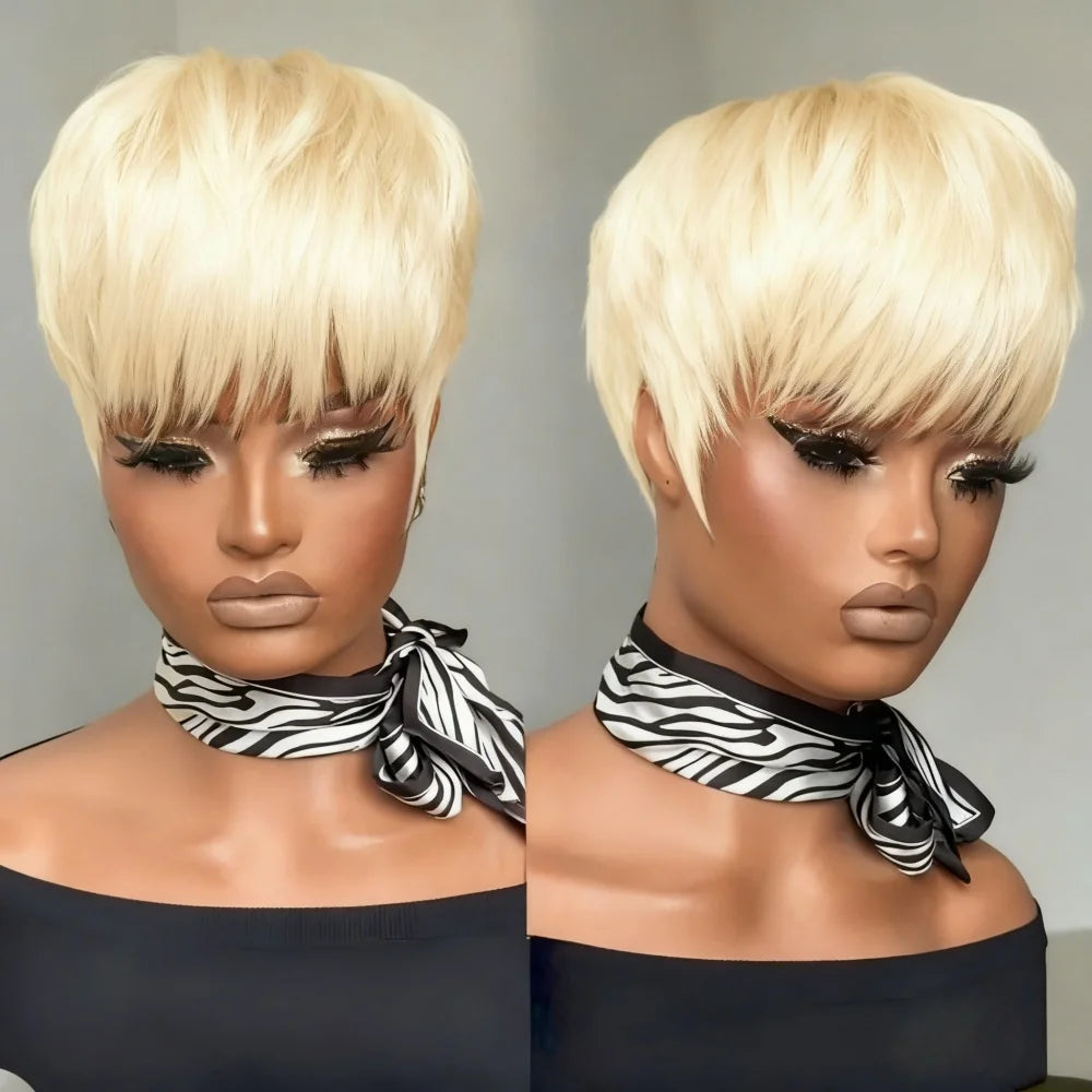 Short Pixie Cut Wig with Bangs Human Hair Natural Blonde/Red Full Machine Made Straight Hair Wig