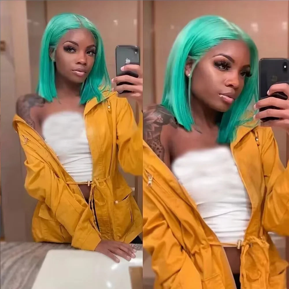 Geeta Light Green Bob Wig Human Hair 13x4 Straight Lace Front Bob Wigs 220 Density Short Bob Lace Frontal Colored Wigs for Women