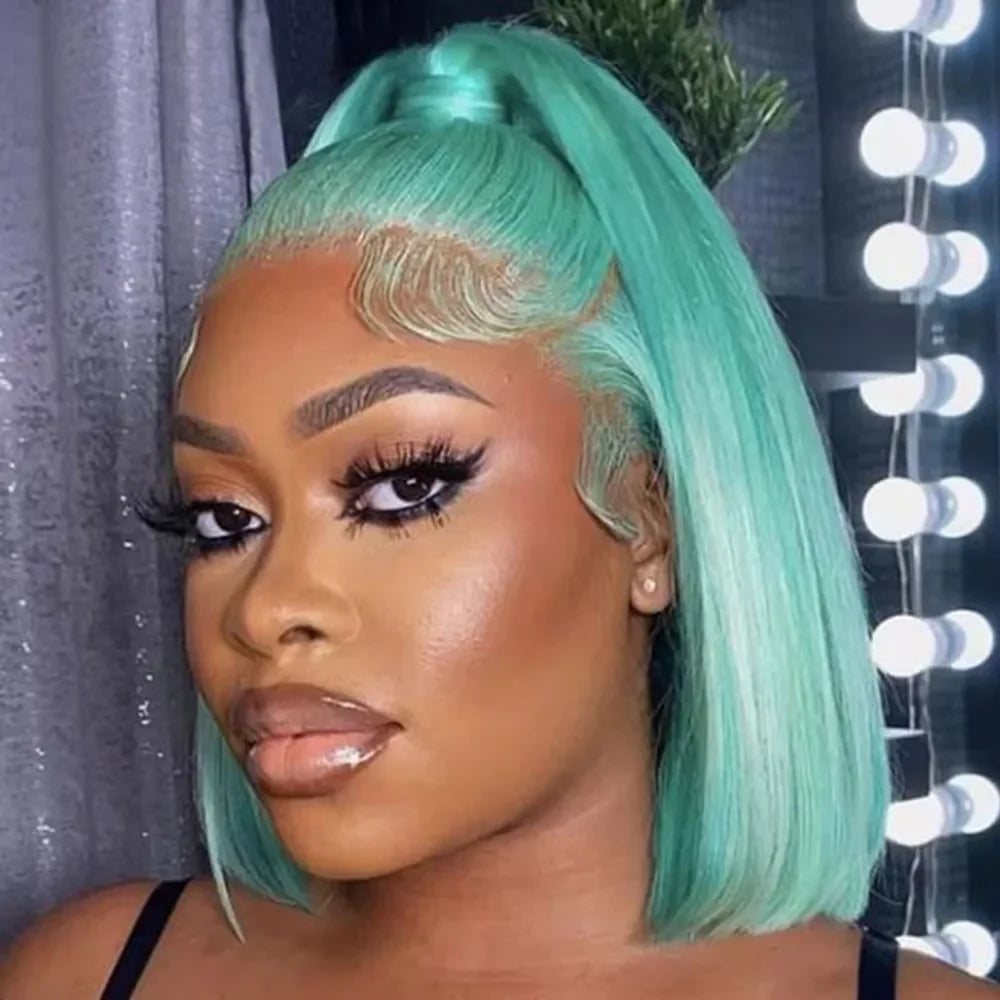 Geeta Light Green Bob Wig Human Hair 13x4 Straight Lace Front Bob Wigs 220 Density Short Bob Lace Frontal Colored Wigs for Women